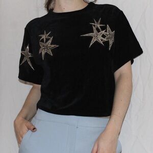 Zara Black Velvet Star Embellished Crop Top Women’s Size Small